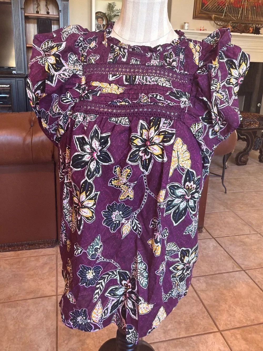 LOFT Floral Ruffle Sleeve Blouse Top – Women’s XL – Purple Boho Print